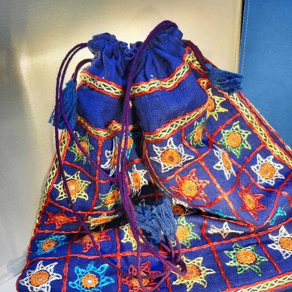 Embroidered Drawstring Bag Tassels Boho Mirror Work Sewing Market Colorful EUC - Picture 7 of 8